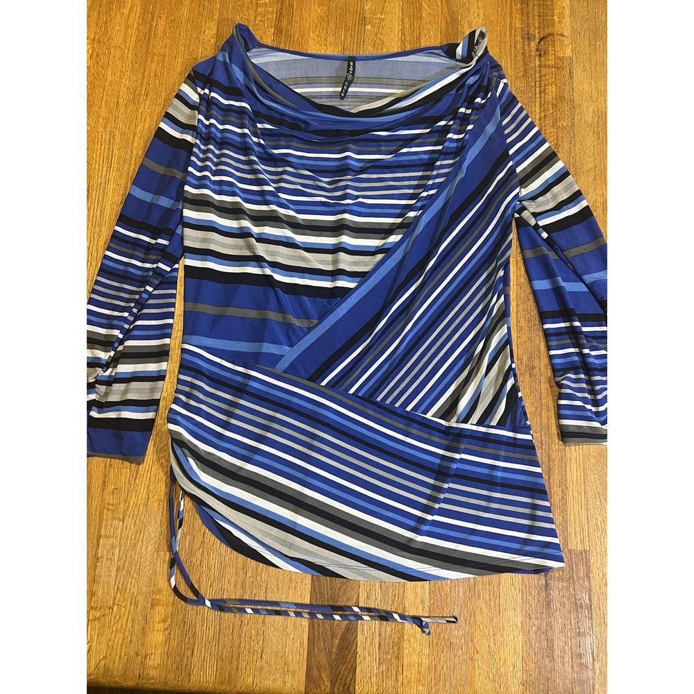 Drama Gold Women 1XL Blue‎ Black Striped Long Sleeve Cowl Neck Tie Side Blouse